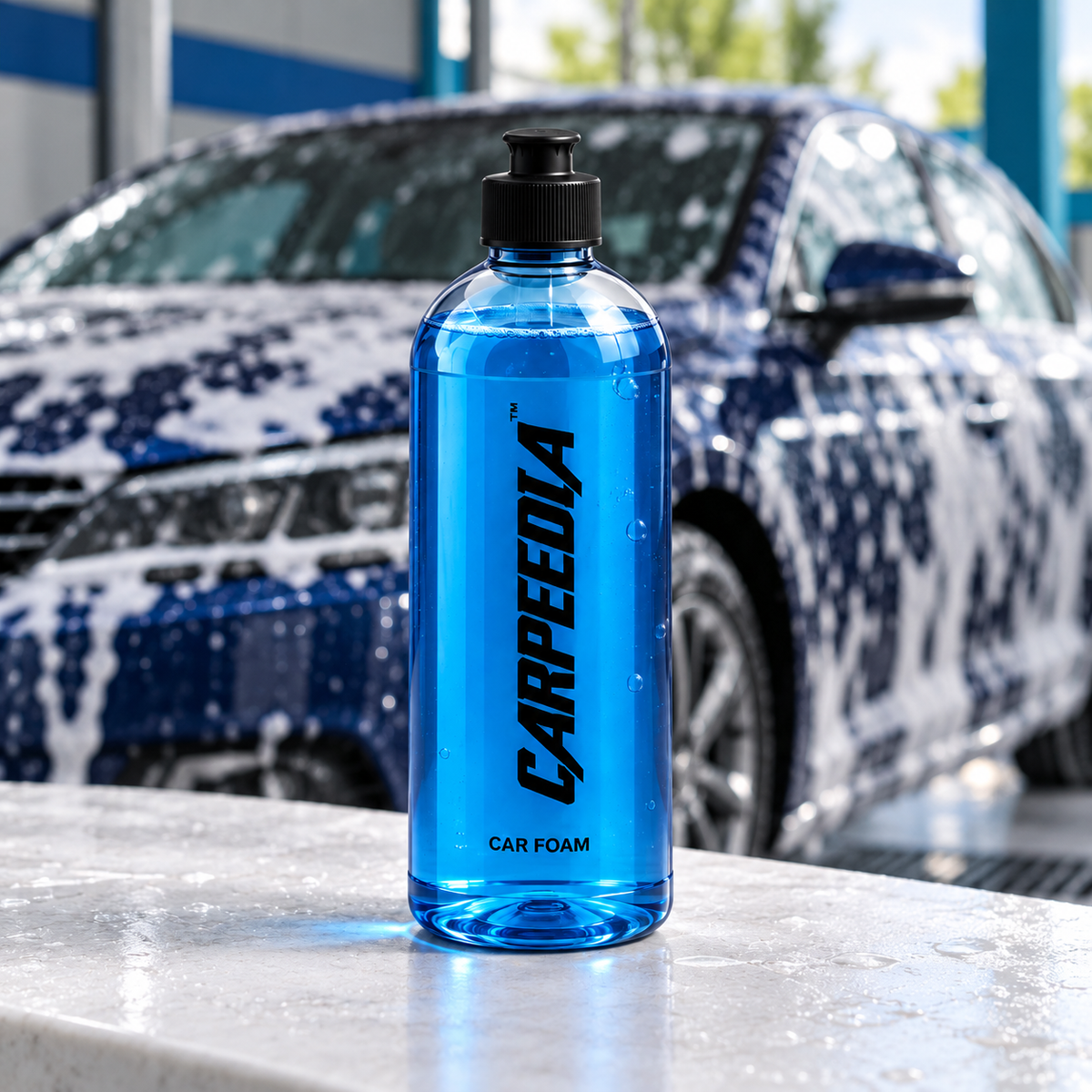 AI-assisted illustrative view of the CARPEEDIA foam bottle in a car wash setting