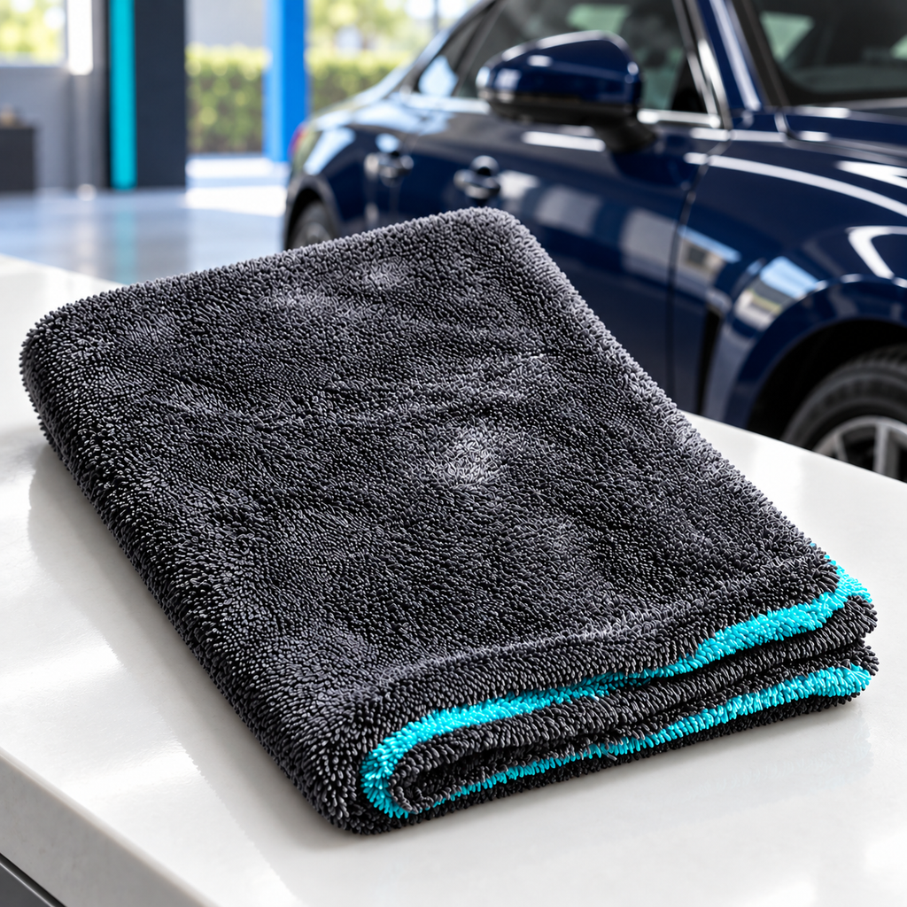 AI-assisted illustrative view of one folded Hydrolock towel on a clean counter in a detailing bay
