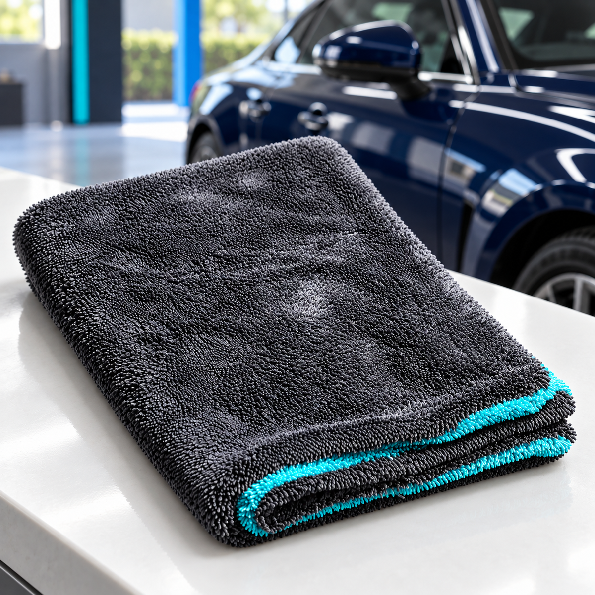 AI-assisted illustrative view of one folded Hydrolock towel on a clean counter in a detailing bay